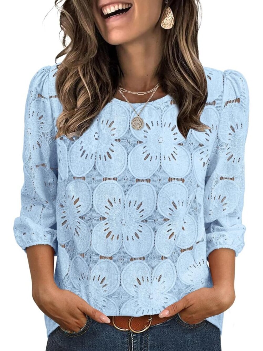 Women's Blouse Blue Dressy Casual Long Sleeve Tops Eyelet Lace Summer Shirts